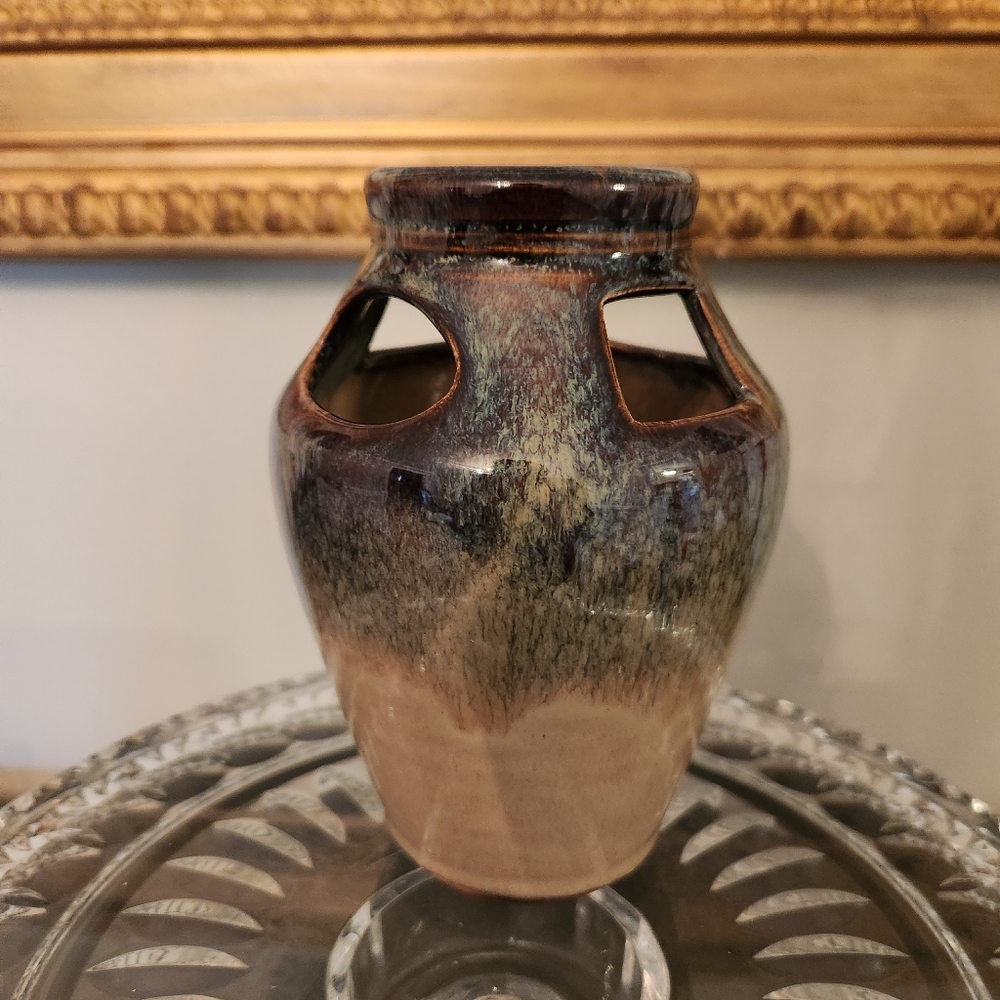 Handmade Seagrove Pottery Artist Signed Toothbrush Holder Vase Neutral Drip Glaz